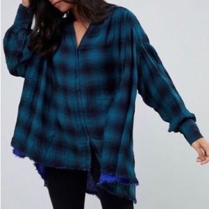 Free People Come On Over Green and Black Plaid Shirt Tunic - L
